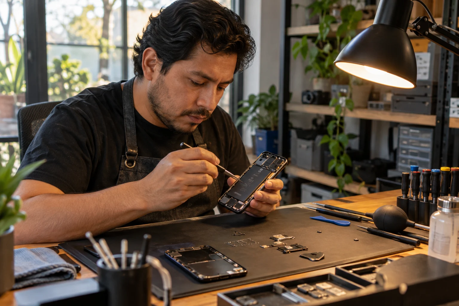 Técnico inspeccionando un teléfono en un banco de reparación.