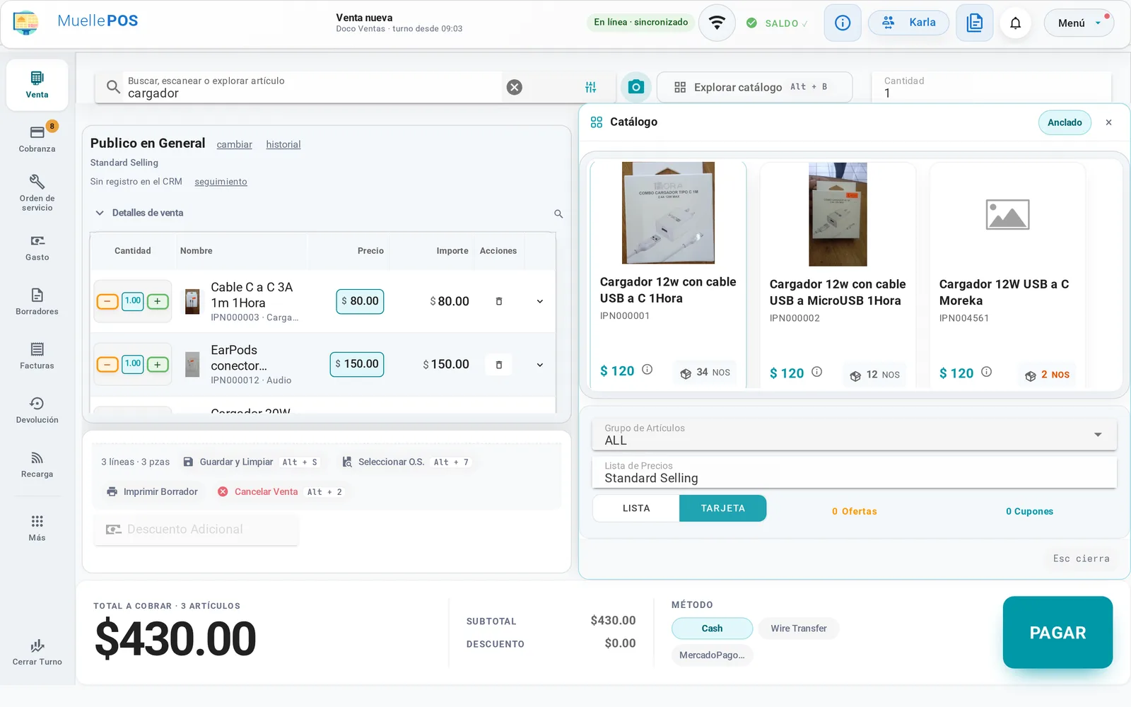 Pantalla principal de Muelle POS con el catálogo de productos, la venta en curso y el buscador