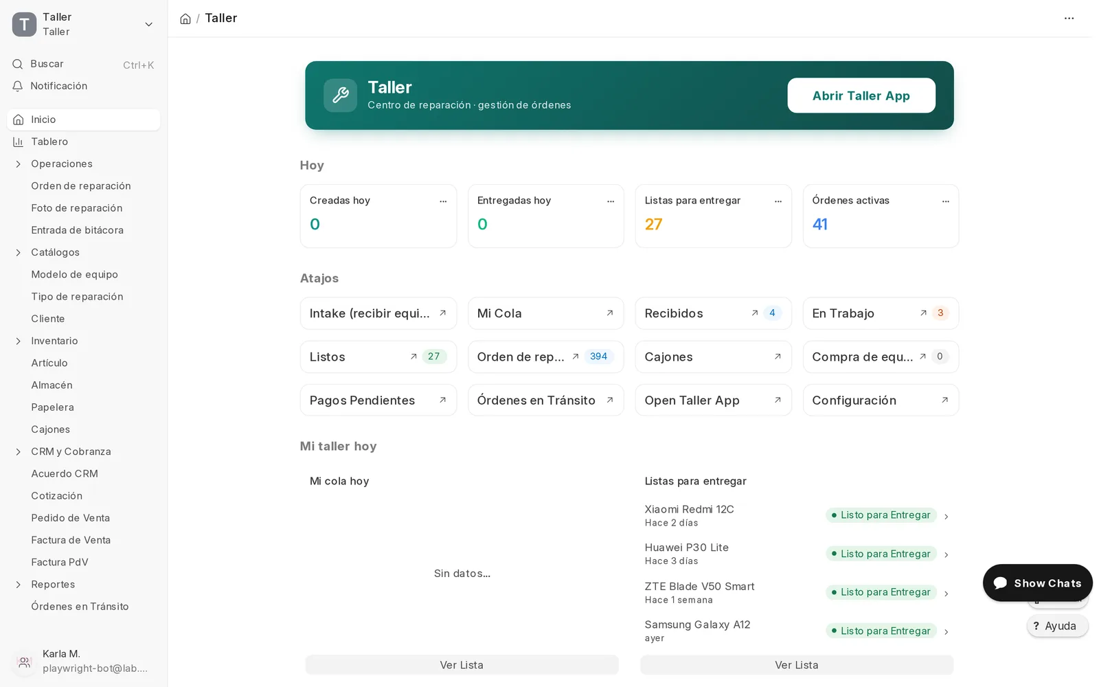 Espacio de trabajo del taller con contadores del día y atajos